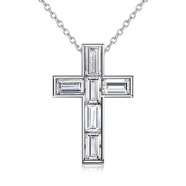 Sterling Silver Baguette Cut Cross Pendant Necklace with Bezel Setting