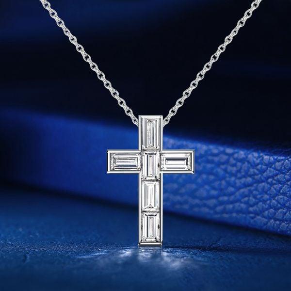 Sterling Silver Baguette Cut Cross Pendant Necklace with Bezel Setting