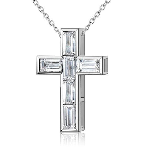 Sterling Silver Baguette Cut Cross Pendant Necklace with Bezel Setting