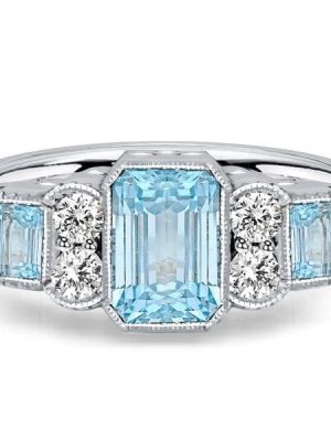 Vintage Style Emerald Cut Aquamarine Ring with Milgrain Bezel Setting in Sterling Silver