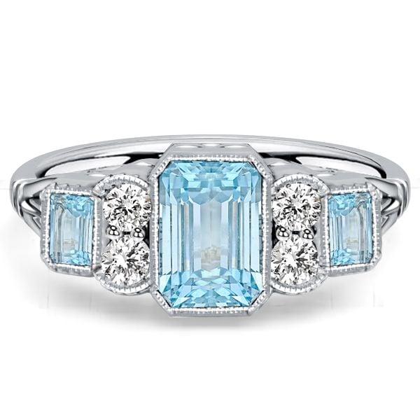 Vintage Style Emerald Cut Aquamarine Ring with Milgrain Bezel Setting in Sterling Silver
