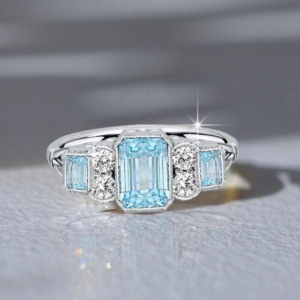 Vintage Style Emerald Cut Aquamarine Ring with Milgrain Bezel Setting in Sterling Silver
