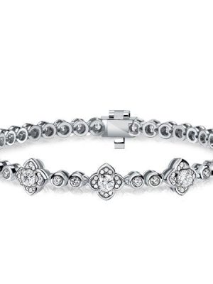 Rhodium Plated 925 Sterling Silver Floral Round Cut Wedding Bracelet