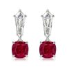 Cushion Cut Ruby and White Sapphire Drop Earrings in Sterling Silver