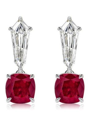 Cushion Cut Ruby and White Sapphire Drop Earrings in Sterling Silver