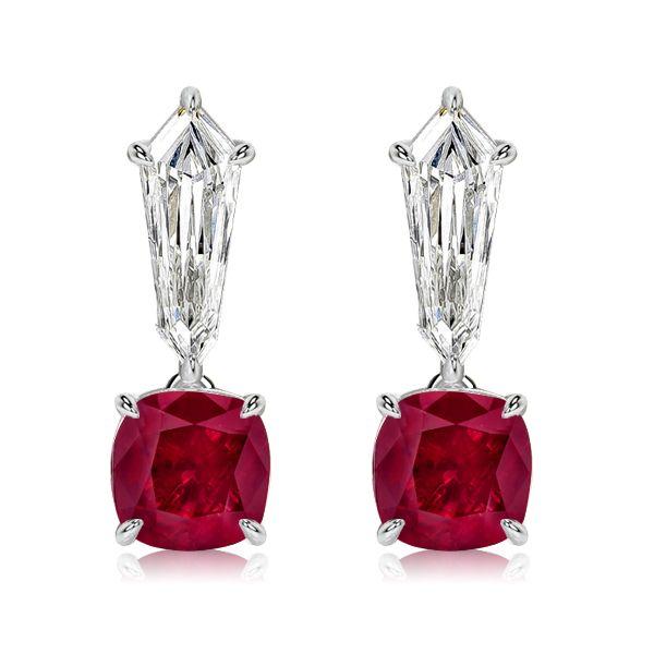 Cushion Cut Ruby and White Sapphire Drop Earrings in Sterling Silver