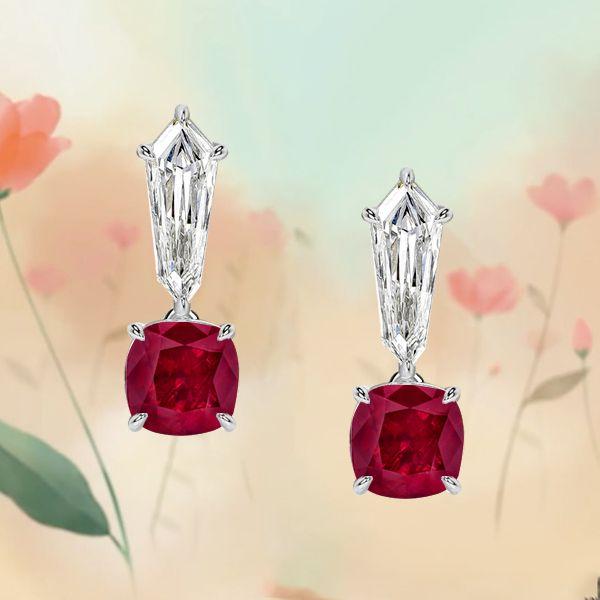 Cushion Cut Ruby and White Sapphire Drop Earrings in Sterling Silver