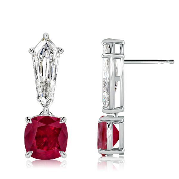 Cushion Cut Ruby and White Sapphire Drop Earrings in Sterling Silver