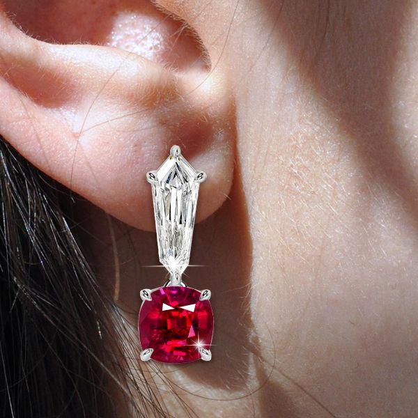 Cushion Cut Ruby and White Sapphire Drop Earrings in Sterling Silver