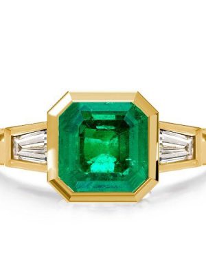 Emerald Green Asscher Cut Three Stone Engagement Ring - 18K Gold Plated Sterling Silver