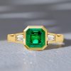 Emerald Green Asscher Cut Three Stone Engagement Ring - 18K Gold Plated Sterling Silver