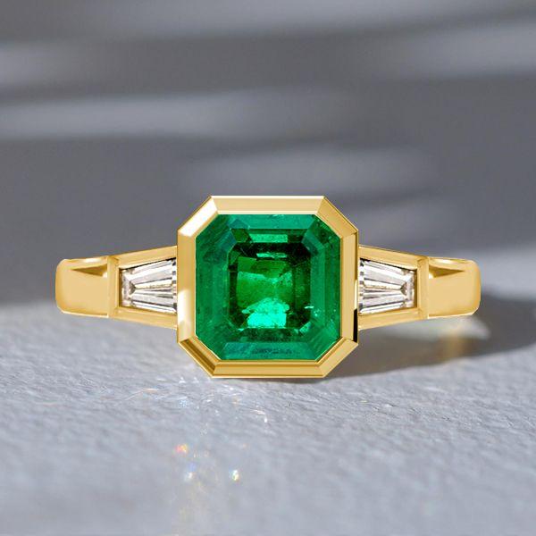 Emerald Green Asscher Cut Three Stone Engagement Ring - 18K Gold Plated Sterling Silver