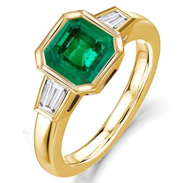 Emerald Green Asscher Cut Three Stone Engagement Ring - 18K Gold Plated Sterling Silver