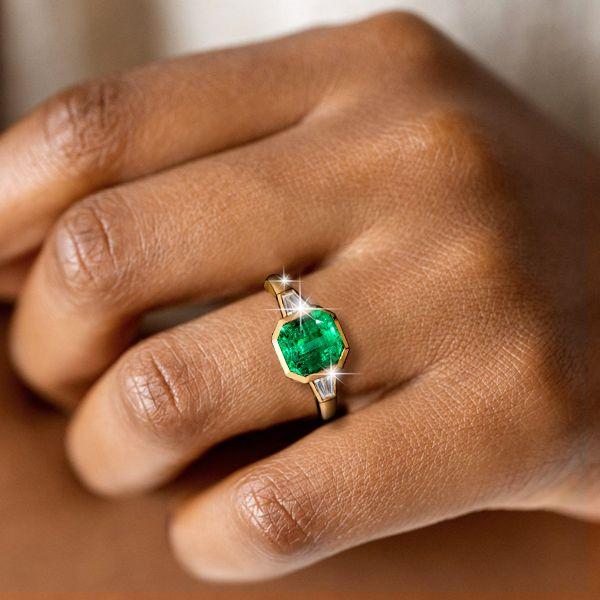 Emerald Green Asscher Cut Three Stone Engagement Ring - 18K Gold Plated Sterling Silver