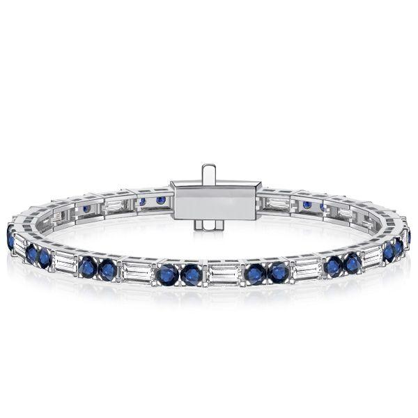 Blue Sapphire Tennis Bracelet - Round & Baguette Cut, Sterling Silver