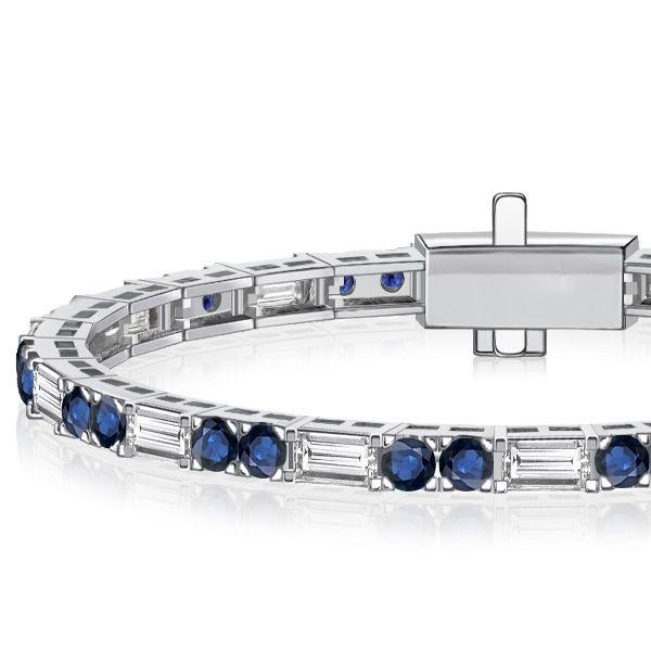 Blue Sapphire Tennis Bracelet - Round & Baguette Cut, Sterling Silver