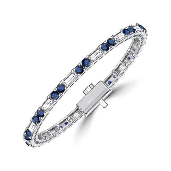 Blue Sapphire Tennis Bracelet - Round & Baguette Cut, Sterling Silver
