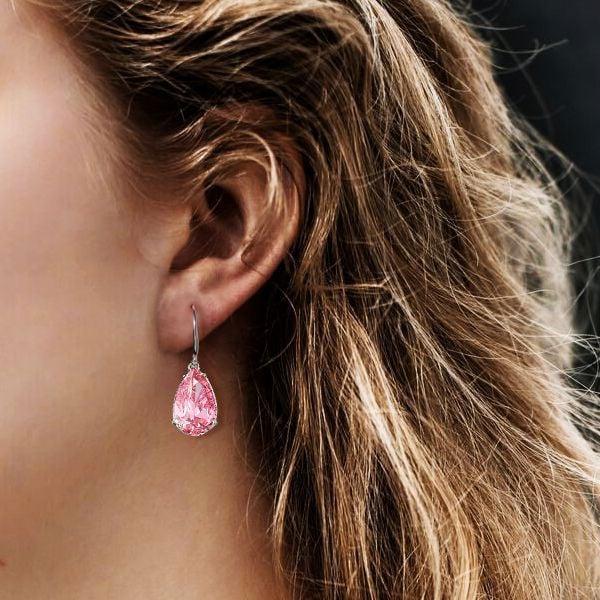 Pink Pear Cut Drop Earrings for Women in Rhodium Plated 925 Sterling Silver