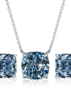Blue Topaz Cushion Cut Solitaire Earrings & Necklace Set - Sterling Silver
