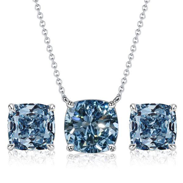 Blue Topaz Cushion Cut Solitaire Earrings & Necklace Set - Sterling Silver