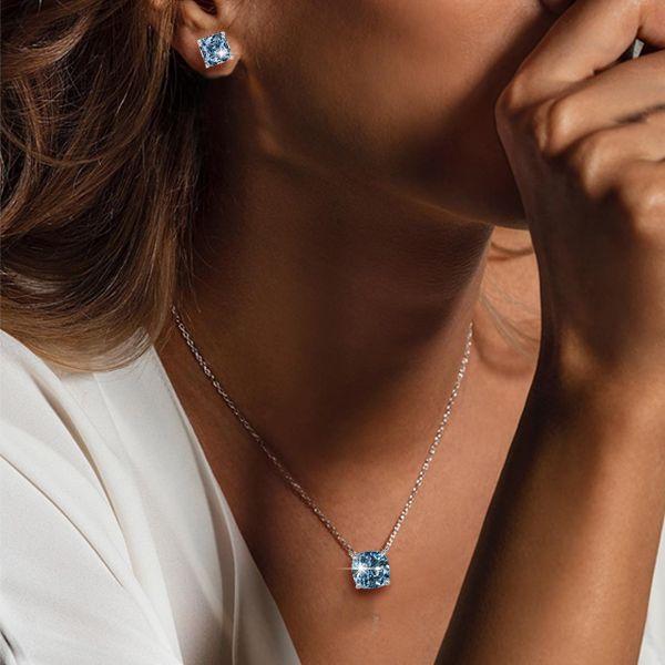 Blue Topaz Cushion Cut Solitaire Earrings & Necklace Set - Sterling Silver