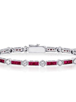 Alternating Round White and Triple Ruby Tennis Bracelet for Women in Sterling Silver