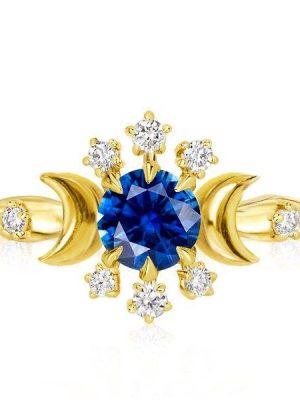 Golden Moon & Stars Sapphire Engagement Ring - 18K Gold Plated Sterling Silver
