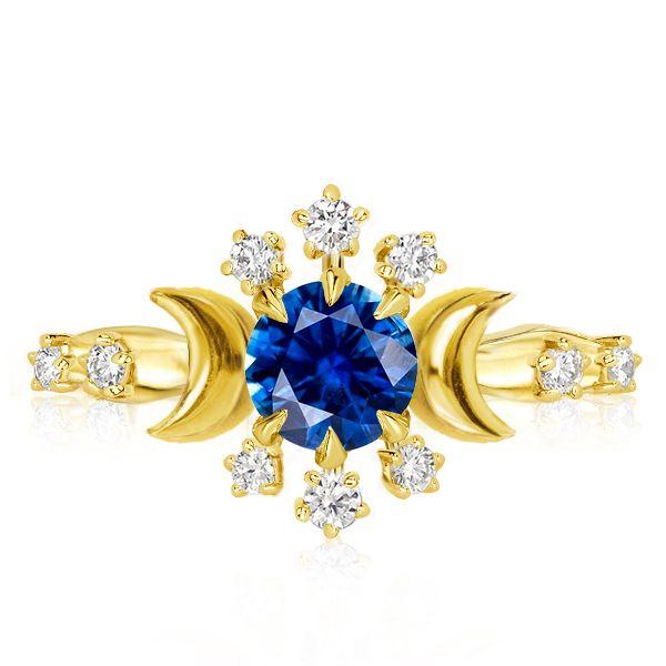 Golden Moon & Stars Sapphire Engagement Ring - 18K Gold Plated Sterling Silver