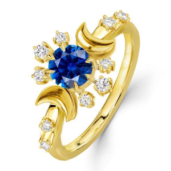 Golden Moon & Stars Sapphire Engagement Ring - 18K Gold Plated Sterling Silver