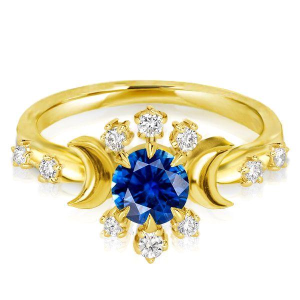 Golden Moon & Stars Sapphire Engagement Ring - 18K Gold Plated Sterling Silver