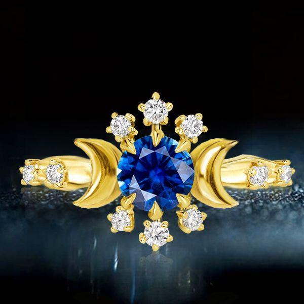 Golden Moon & Stars Sapphire Engagement Ring - 18K Gold Plated Sterling Silver