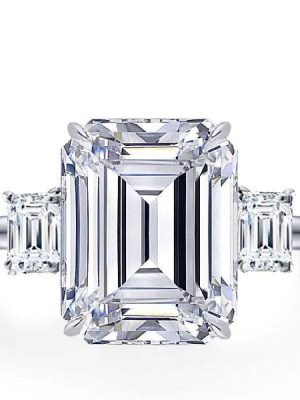 Emerald & White Sapphire Engagement Ring - Sterling Silver Three Stone Ring