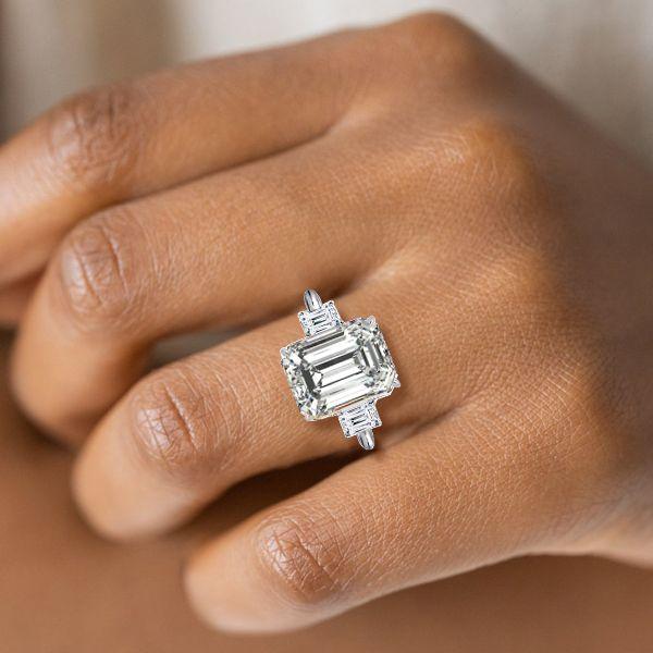 Emerald & White Sapphire Engagement Ring - Sterling Silver Three Stone Ring