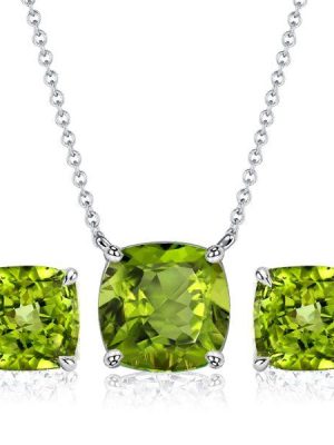 Peridot Necklace and Stud Earrings Set - Cushion Cut Sterling Silver