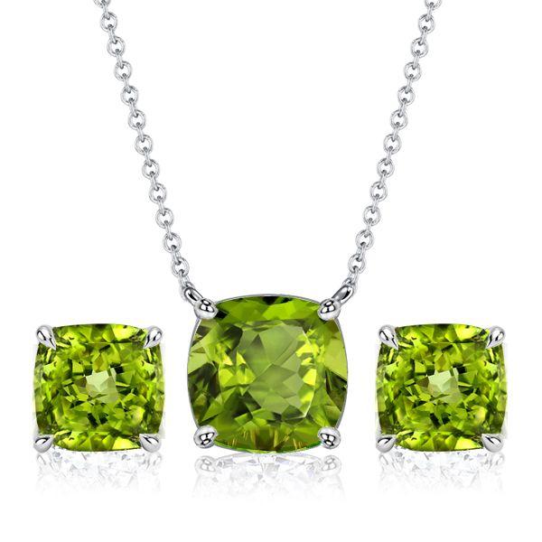 Peridot Necklace and Stud Earrings Set - Cushion Cut Sterling Silver