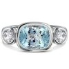 Aquamarine Three Stone Cushion Cut Engagement Ring in Rhodium-Plated Sterling Silver