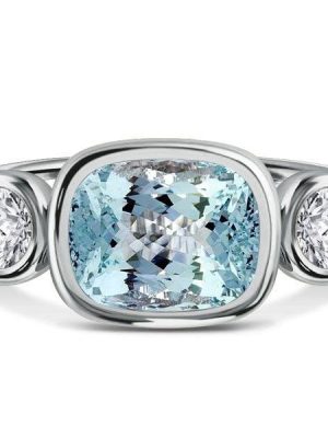 Aquamarine Three Stone Cushion Cut Engagement Ring in Rhodium-Plated Sterling Silver