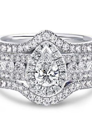 Halo Pear Cut Sterling Silver 3-Piece Wedding Set - 0.75 CT Center Stone