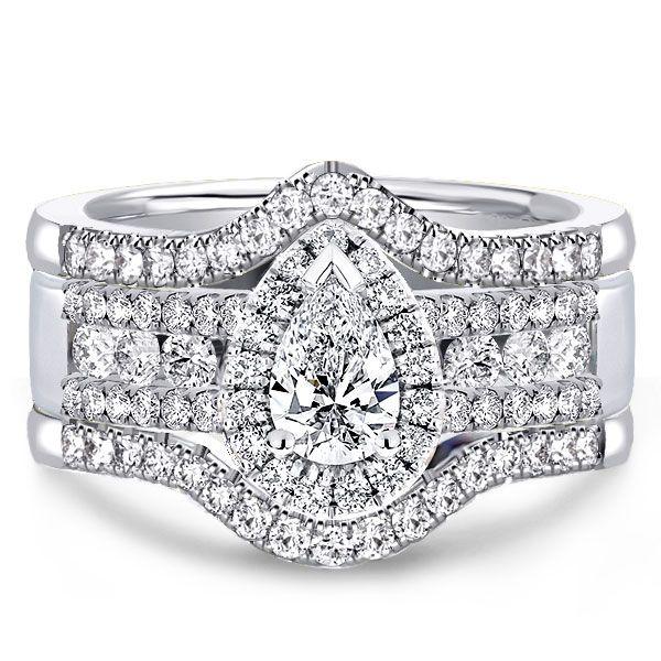 Halo Pear Cut Sterling Silver 3-Piece Wedding Set - 0.75 CT Center Stone
