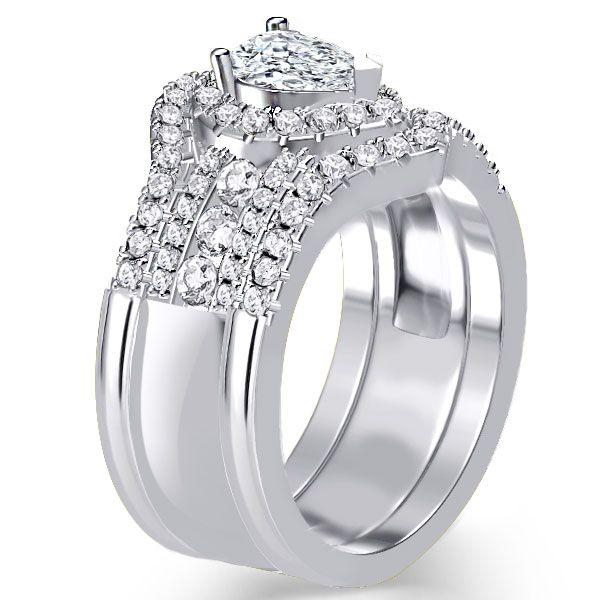 Halo Pear Cut Sterling Silver 3-Piece Wedding Set - 0.75 CT Center Stone