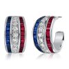 Triple Row Blue Sapphire and Ruby Hoop Earrings in Rhodium-Plated Sterling Silver