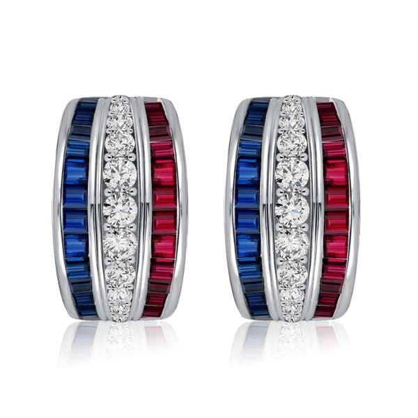 Triple Row Blue Sapphire and Ruby Hoop Earrings in Rhodium-Plated Sterling Silver