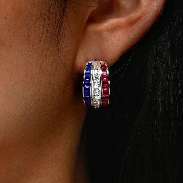 Triple Row Blue Sapphire and Ruby Hoop Earrings in Rhodium-Plated Sterling Silver
