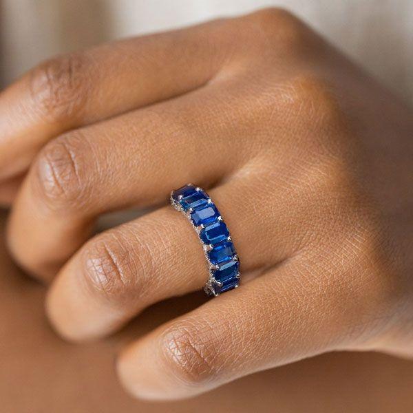 Emerald Cut Blue Topaz Eternity Band - 925 Sterling Silver