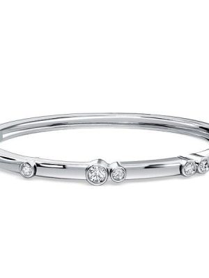 Sterling Silver Bangle Bracelet with Bezel Set Round White Sapphire for Women