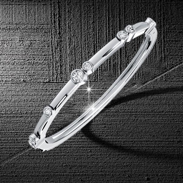 Sterling Silver Bangle Bracelet with Bezel Set Round White Sapphire for Women
