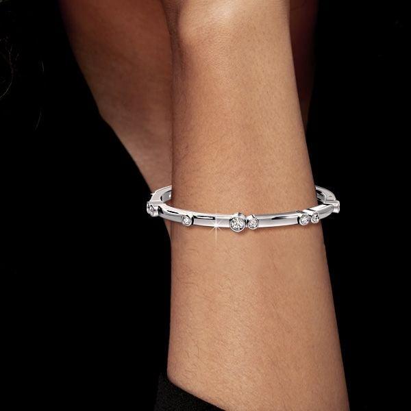 Sterling Silver Bangle Bracelet with Bezel Set Round White Sapphire for Women