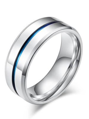 Blue Groove Titanium Wedding Band - Silver & Blue Ring for Men