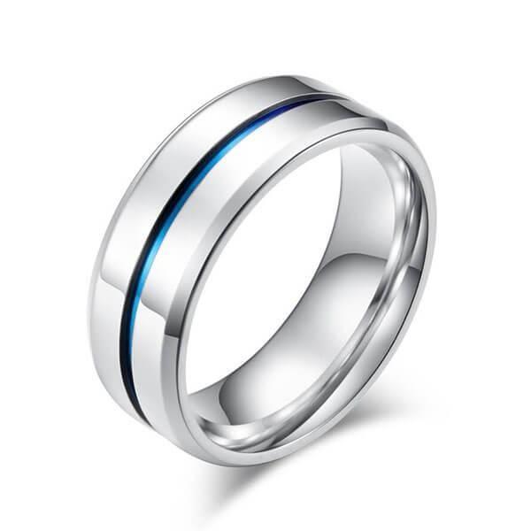 Blue Groove Titanium Wedding Band - Silver & Blue Ring for Men