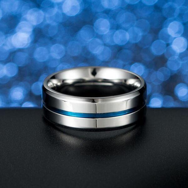 Blue Groove Titanium Wedding Band - Silver & Blue Ring for Men